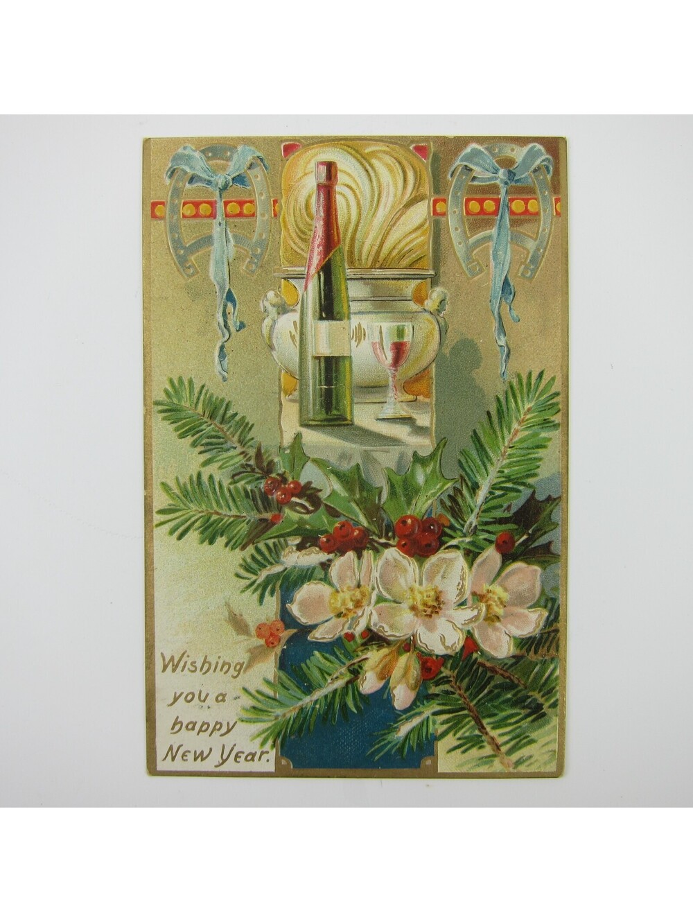 Postcard New Year Flowers Wine Horseshoes Raphael Tuck 600 Gold Embossed Antique